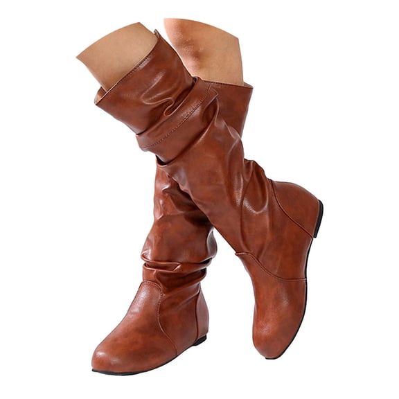 Rotm Cowboy Chic Womens Mid Knee High Boots Chunky Heel Slouchy Metal Buckle Side Zipper Fashion Winter Shoes Brown,6