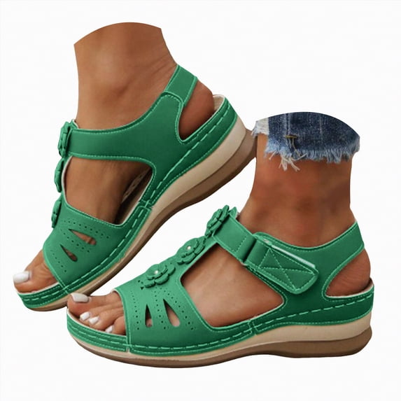 Rotm Dress Shoes Women's Slide Sandals with Soft Cork Footbed, Comfort Arch Support Flat Sandals for Summer Green,6.5