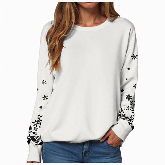 Rotm Fall Tshirts Womens Casual Hoodies Pullover Tops Long Sleeves Casual Shirts Color Round Neck Sweatshirt Crewneck Pullover Light Gray,S