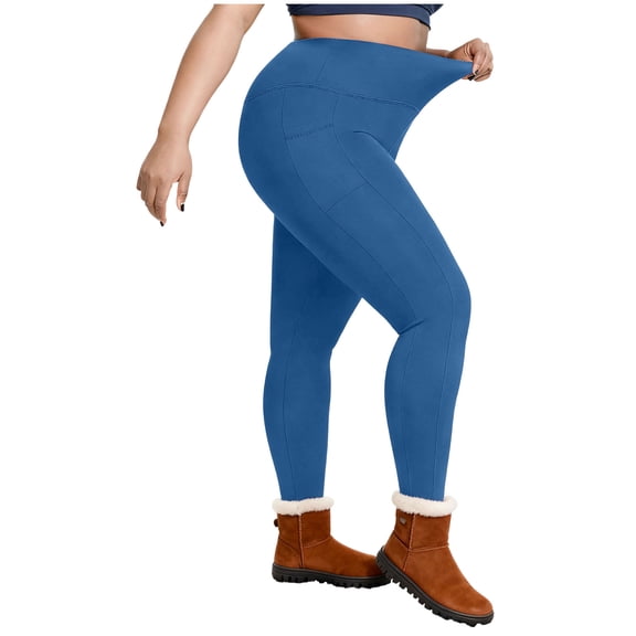 Rotm Fleece Lined Tights Women's Fleece Lined Leggings Water Resistant Thermal Winter Warm Tights High Waisted with Pockets Running Gear Blue,4XL