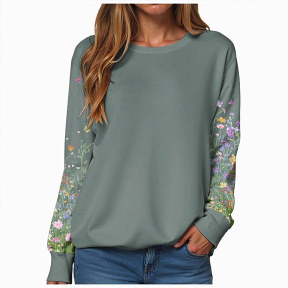 Rotm Floral Sweatshirt Women's Crew Neck Sweatshirt Loose Pullover Long Sleeve Shirts Soft Tops for Women Fall Clothes 2025 Light Green,L