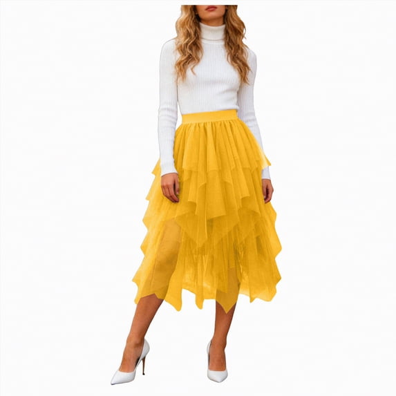 Rotm Flowy Skirts for Women Women's High Waist Pleated Mesh Skirt Mid Length Large Size A Line Skirt Yellow,S