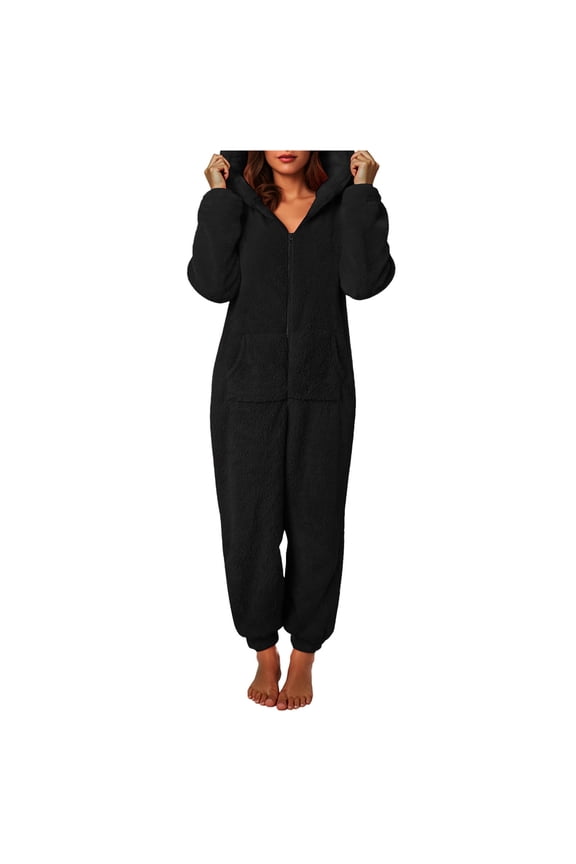 Fluffy Pajamas Winter Warm Thermal Romper Fleece Onesie Pajama One-Piece Zipper Hooded Jumpsuit Sleepwear Playsuit for Women Black,5XL