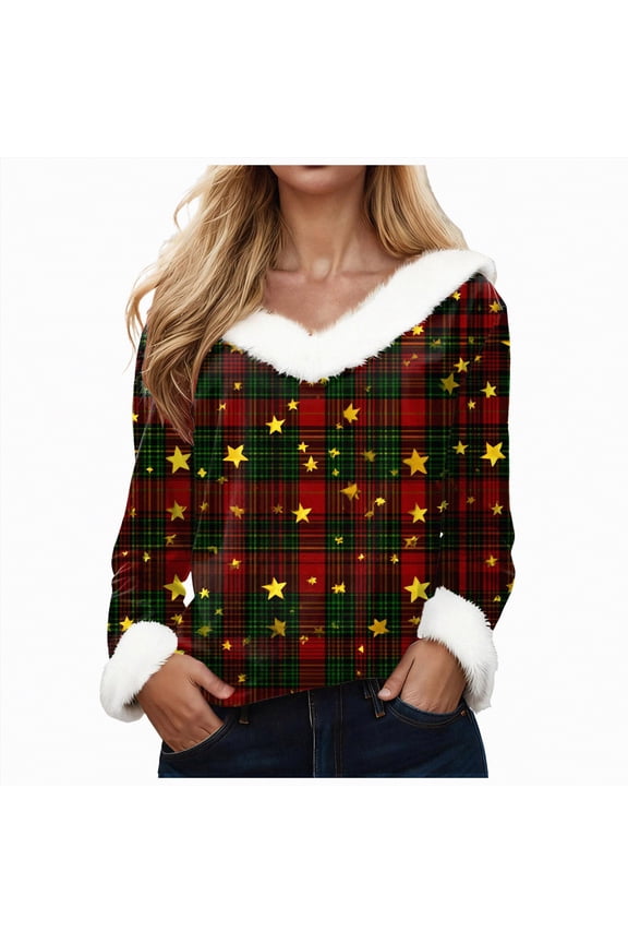 Trim Top Womens Christmas Shirt Faux Trim V Neck Long Sleeve Tops Solid Casual Xmas Holiday Blouses Womens Casual Going Out Tops Black,S