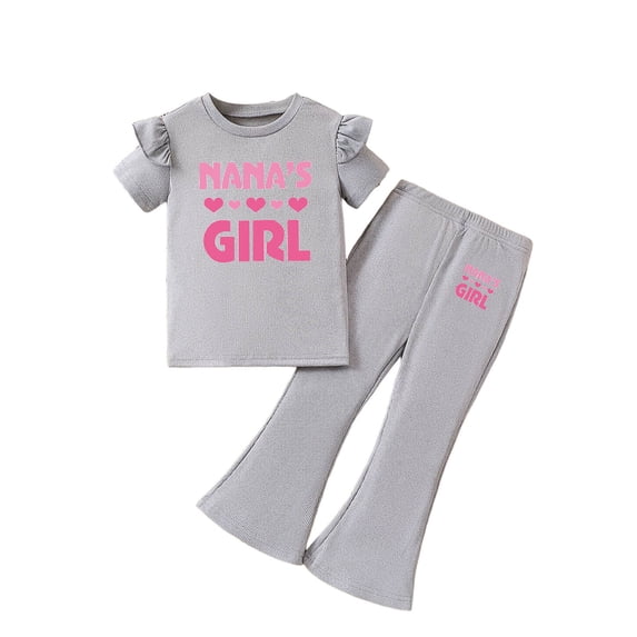 Rotm Girls Outfits Toddler Clothes Sweet Summer Set Flutter Sleeve Top Flare Pants Grey,3-4 Years