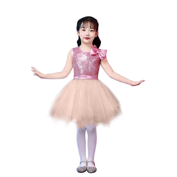 Rotm Girls Sequin Top Girls Sparkly Sequin Dress Feather Strap Pleated Twirl Party Formal Dress Light Pink,5-6 Years