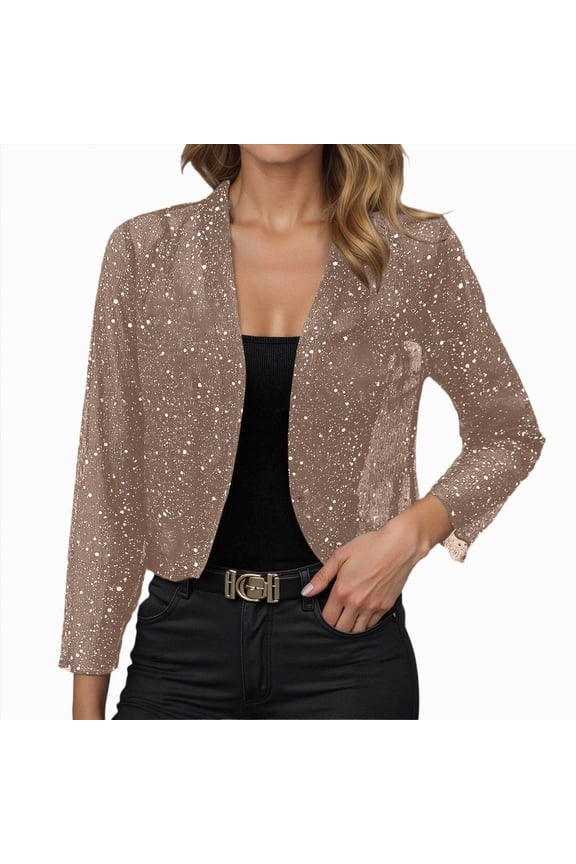 Glitter Cardigan for Women Women's Long Sleeve Sequin Cardigan Open Front Sparkly Shiny Dressy Casual Party Cropped Jackets Khaki,XL