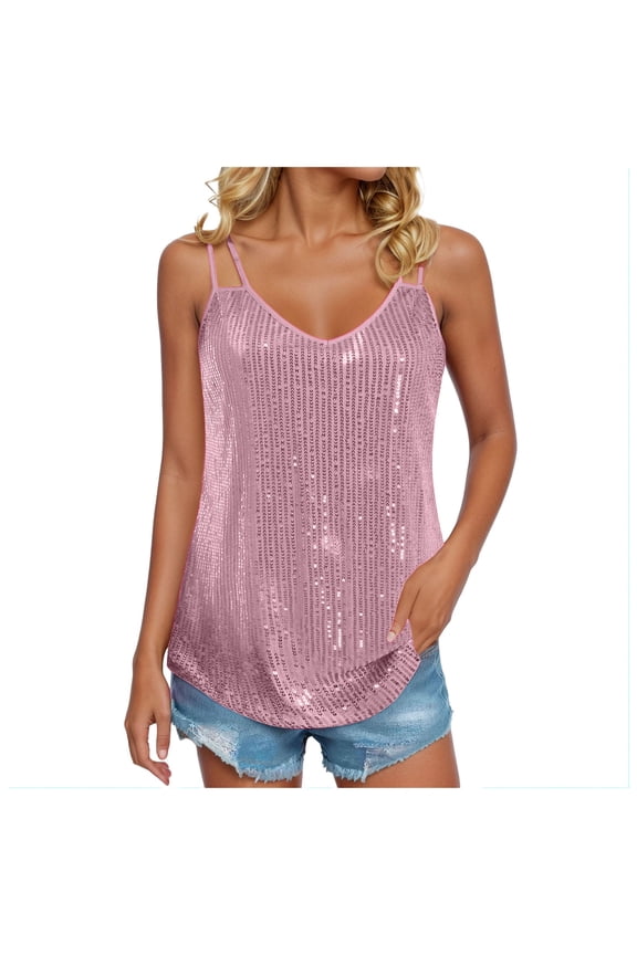 Glitter Tank Top Womens Summer Fashion Sequin Tops Scoop Neck Sequin Sparkle Shimmer Sleeveless Tanks Tops Blouses Pink,S