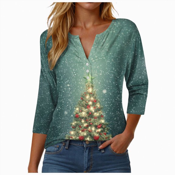 Rotm Holiday Shirts for Women Christmas Shirts for Women Merry and Bright Santa Claus T-Shirts 3/4 Sleeve Xmas Holiday Graphic Tee Tops Green,S