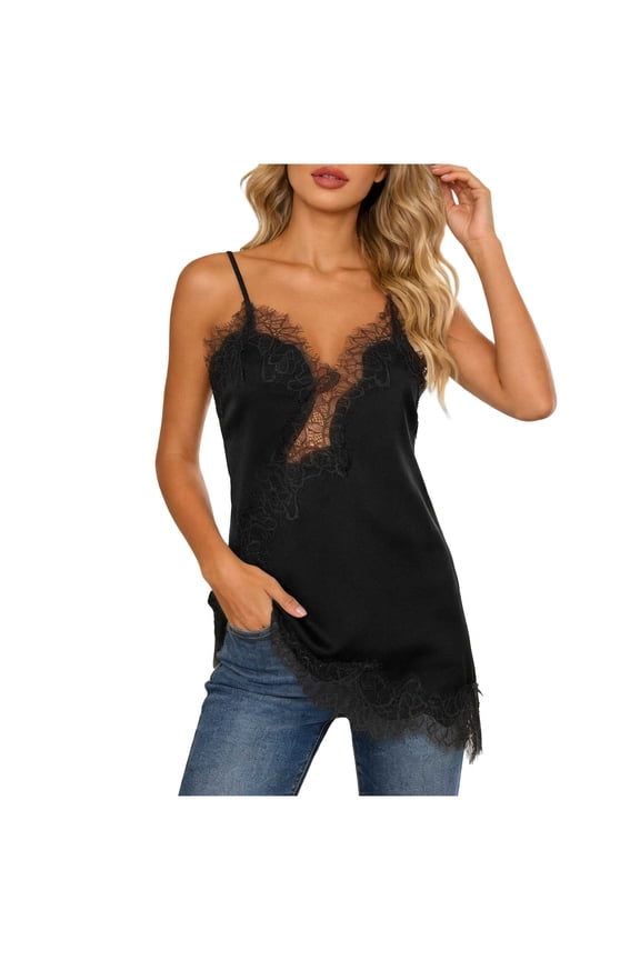 Lace Tops for Women Lace Long Tank Tops for Women Square Neck Silk Camisole Tops Spaghetti Strap Lace Trim Cami Tunic Undershirts Black,M