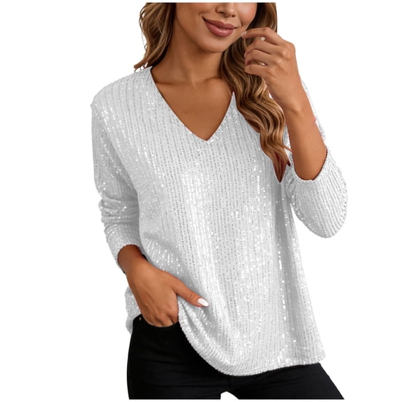 Rotm Ladies Holiday Tops Sequin Tops for Women - Sparkly Top Crew Neck Glitter Shirt Casual Winter Holiday Blouse Elegant Shiny Clothes Silver,M