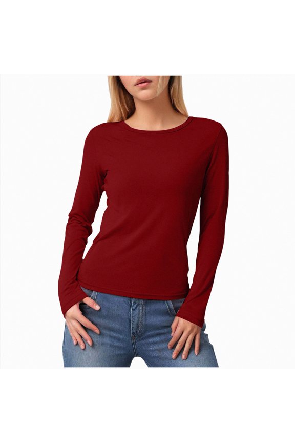 Long Sleeve Shirts for Women Women's Long Sleeve T-Shirts Solid Color Loose Fit Cute Basic Flowy Tops Spring Fall Casual Blouse Wine,M