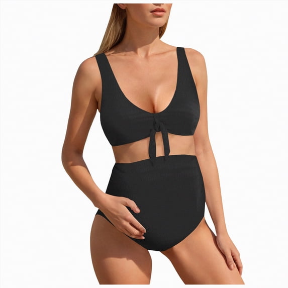 Rotm Maternity Swimsuit Two Piece Women's Maternity Bikini Sets Pregnancy Swimsuit Low Rise Scalloped Scoop Neck Adjustable Straps Back Hook Black,XL