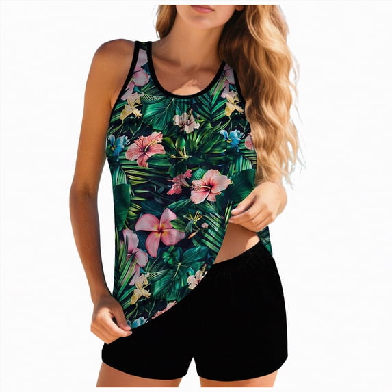 Rotm Modest Bathing Suit for Women Two Piece Tankini Swimsuits, Tummy Coverage Bathing Suits, Blouson Tank Top with Board Shorts Dark Green,L