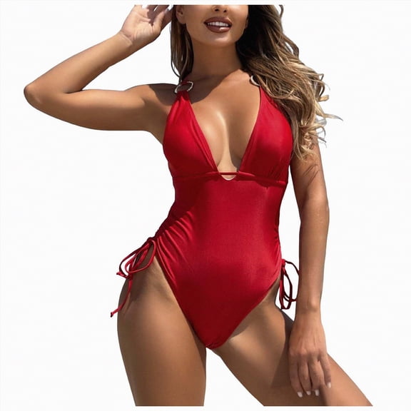 Rotm One Piece Bathing Suit Women's One Piece Swimsuit Tummy Control Deep V Neck Double Straps Crisscross Back Tie Bathing Suit Red,M