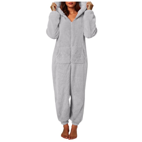 Rotm Onesie Pjs for Women Women Onesies Fluffy Fleece Jumpsuits Sleepwear Plus Size Hood Sets Pajamas for Adult Winter Warm Pajamas Homewear Christmas Pajamas Grey,XL