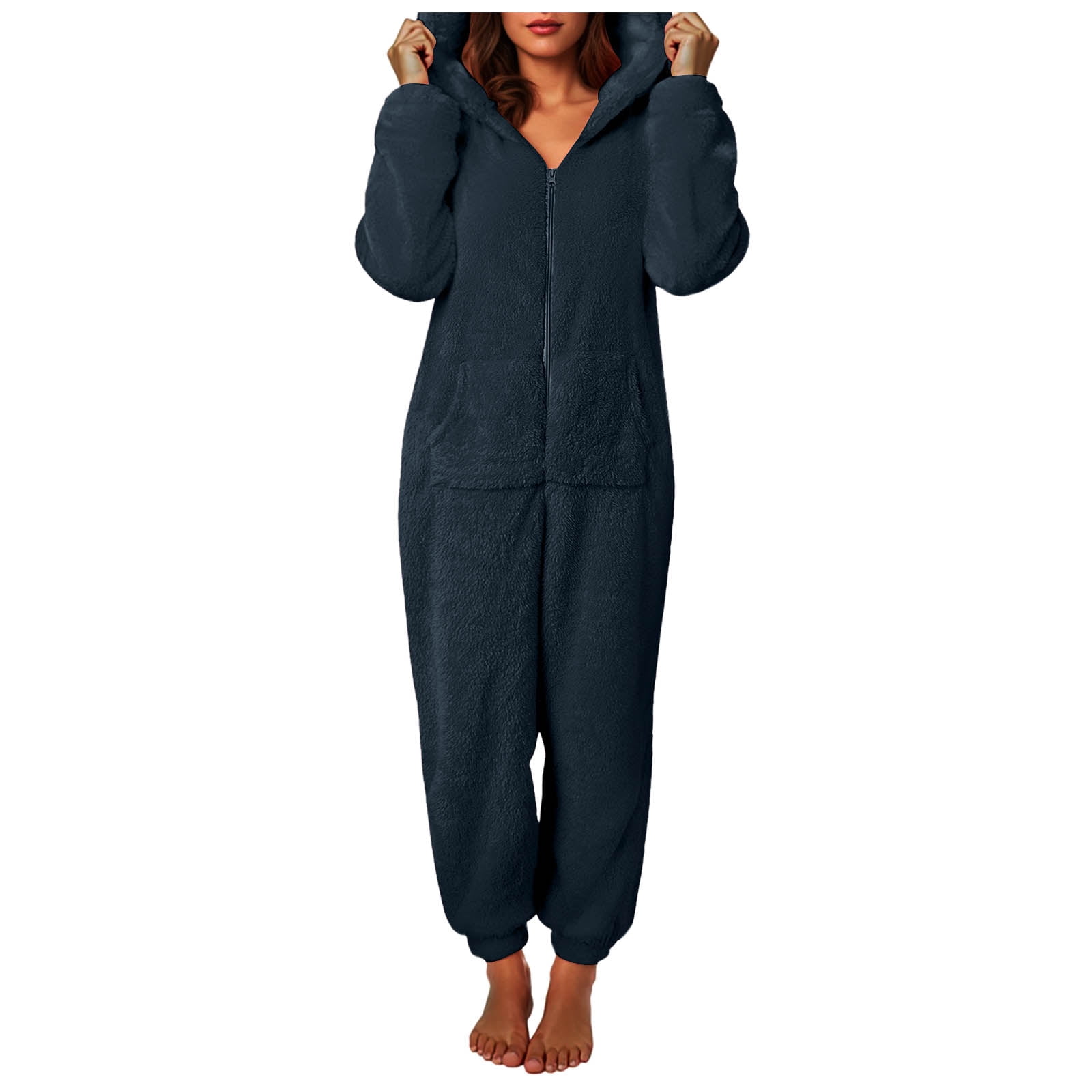 Rotm Onesie Pjs for Women Womens Plus Size Onesies Pajamas Winter Fuzzy Sherpa Adult Hooded One Piece Jumpsuit Cute Zipper Fleece Romper Sleepwear Navy,2XL