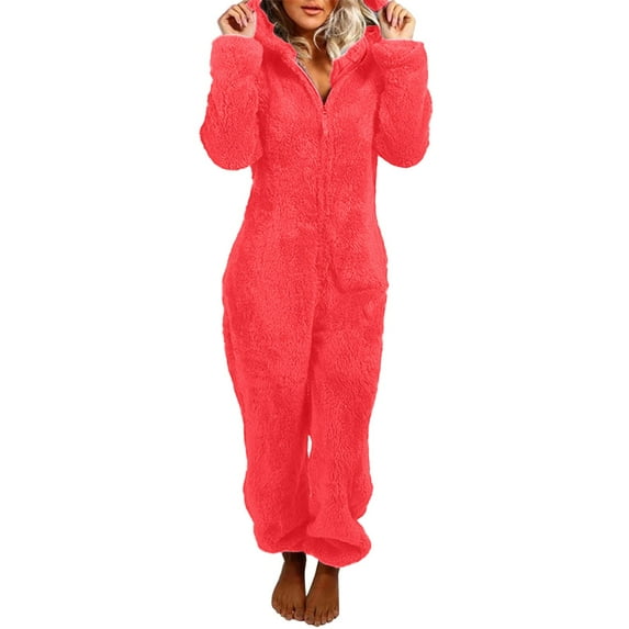Rotm Onesie Women Women's Bear Ear Hooded Jumpsuit Plush Fleece Romper Pajamas Winter Warm Zip Up Onesie Sleepwear Fuzzy Sherpa Loungeweart Watermelon Red,5XL