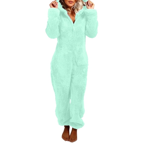 Rotm Onesie Women Women's Winter Onesie Pajamas Sherpa Hooded Romper Cozy Sleepwear Adult Onesies Loungewear Mint Green,3XL