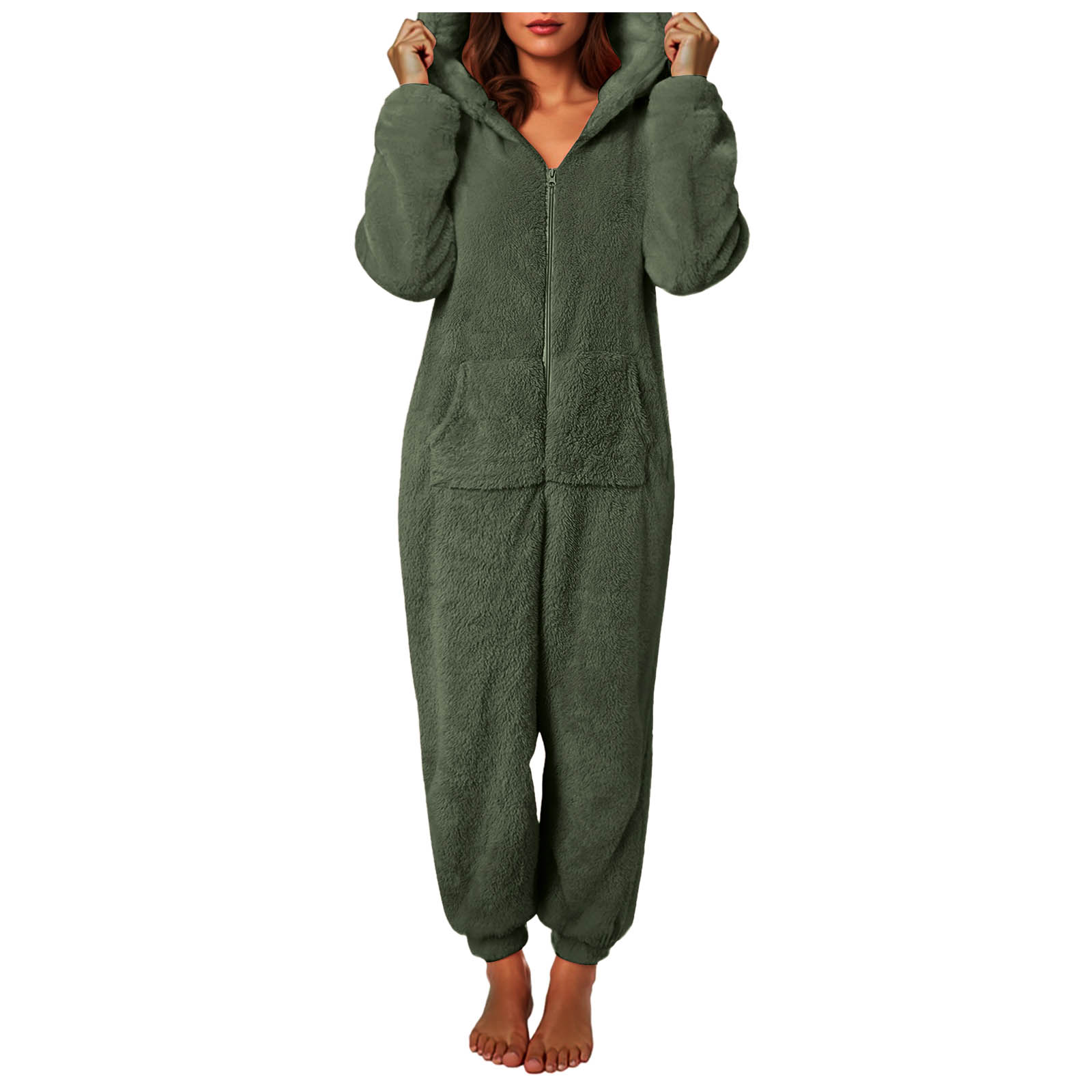 Rotm Onesie for Women Womens Plus Size Onesies Pajamas Winter Fuzzy Sherpa Adult Hooded One Piece Jumpsuit Cute Zipper Fleece Romper Sleepwear AG,L