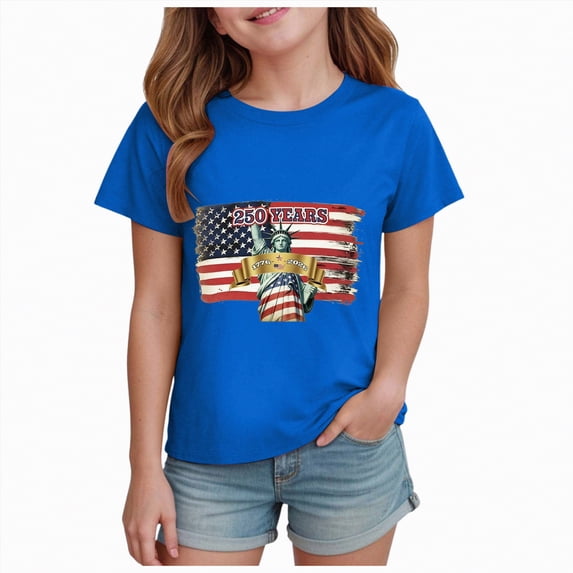 Rotm Patriotic Shirts for Girls 4th of July Shirt for Toddler Girls American Flag Tie Tshirt Fourth of July Outfit Kids Patriotic Tee Tops Blue,7-8 Years