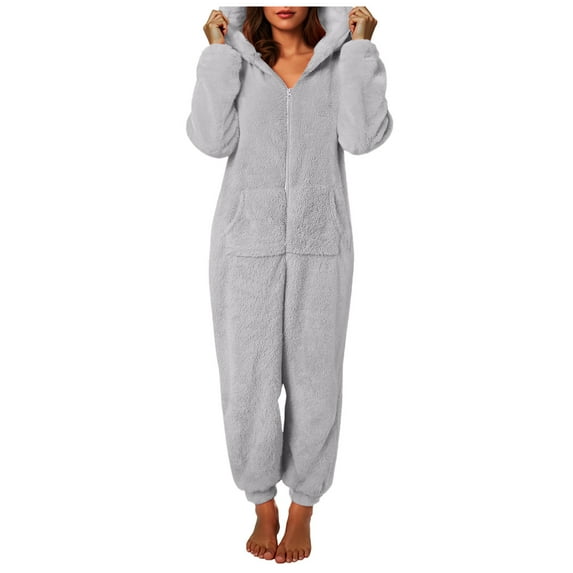Rotm Pijamas Enterizas Para Mujer Women's Bear Ear Hooded Jumpsuit Plush Fleece Romper Pajamas Winter Warm Zip Up Onesie Sleepwear Fuzzy Sherpa Loungeweart Grey,M