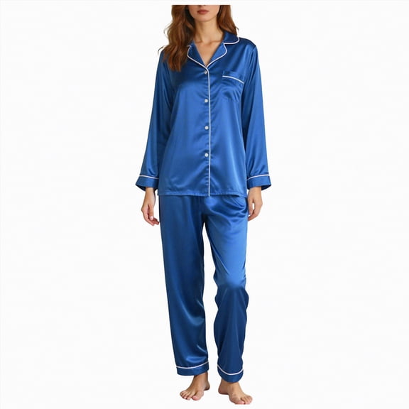 Rotm Pjs Sets for Women Womens Pajamas Sets Silk Satin Sleepwear Sexy Lace Cami with Robe Floral Pjs Pants Set Loungewear Blue,XL