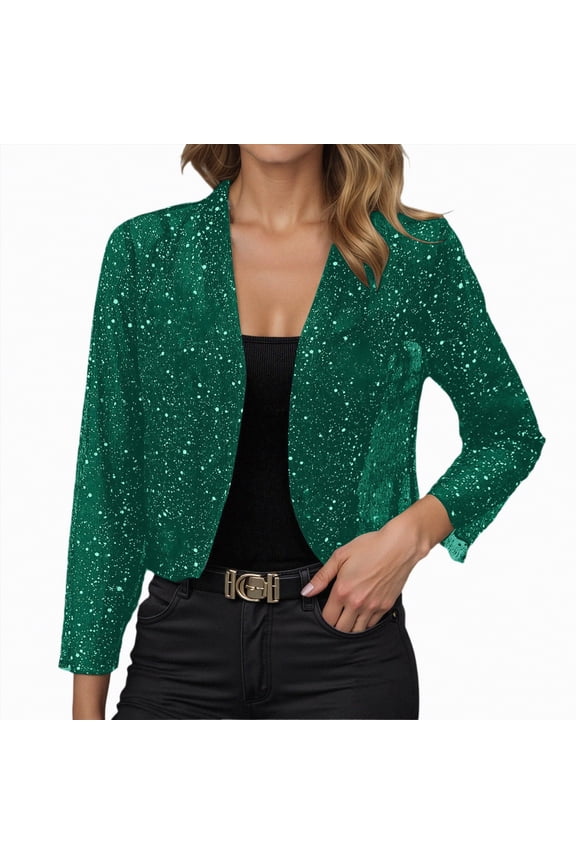 Sequin Jackets for Women Womens Sequin Crop Cardigan Cropped Cardigan Long Sleeve Shiny Sparkly Shrug Party Glitter Open Front Jackets Dark Green,S