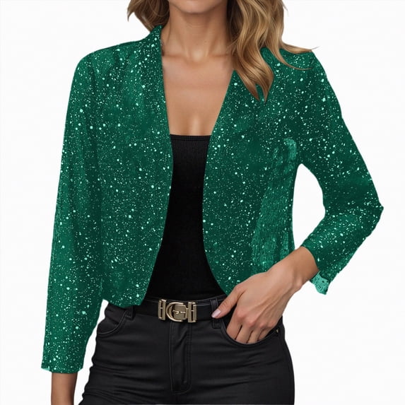 Rotm Sequin Jackets Women's Lightweight Sequin Cardigan Open Front Blouse Casual Spring Summer Rhinestone Jacket Stylish Shiny Glitter Outerwear Dark Green,L
