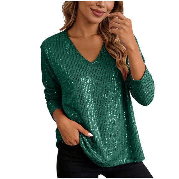 Rotm Sequin Top Women's Sequin Tops Sparkle Long Sleeve Blouses Shimmer Glitter Sweatshirt Party Crewneck Loose Fit Shirts Green,S