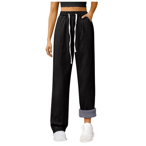 Rotm Sherpa Lined Pants Women Solid Color Jeans, Winter Adults High Waisted Fleece Lined Jeggings with Pockets Black,M/S