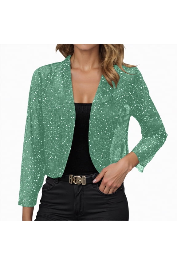 Sparkly Cardigan Women's Sequin Shrug Long Sleeve Open Front Cropped Bolero Jackets Light Green,L