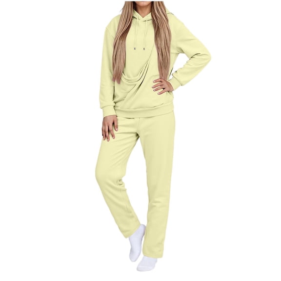 Rotm Sweat Set Women 2 Piece Outfits Casual Sweatsuit Hooded Sweatshirt Hoodie with Sweatpants Sport Outfits Jogger Set Light Yellow,L