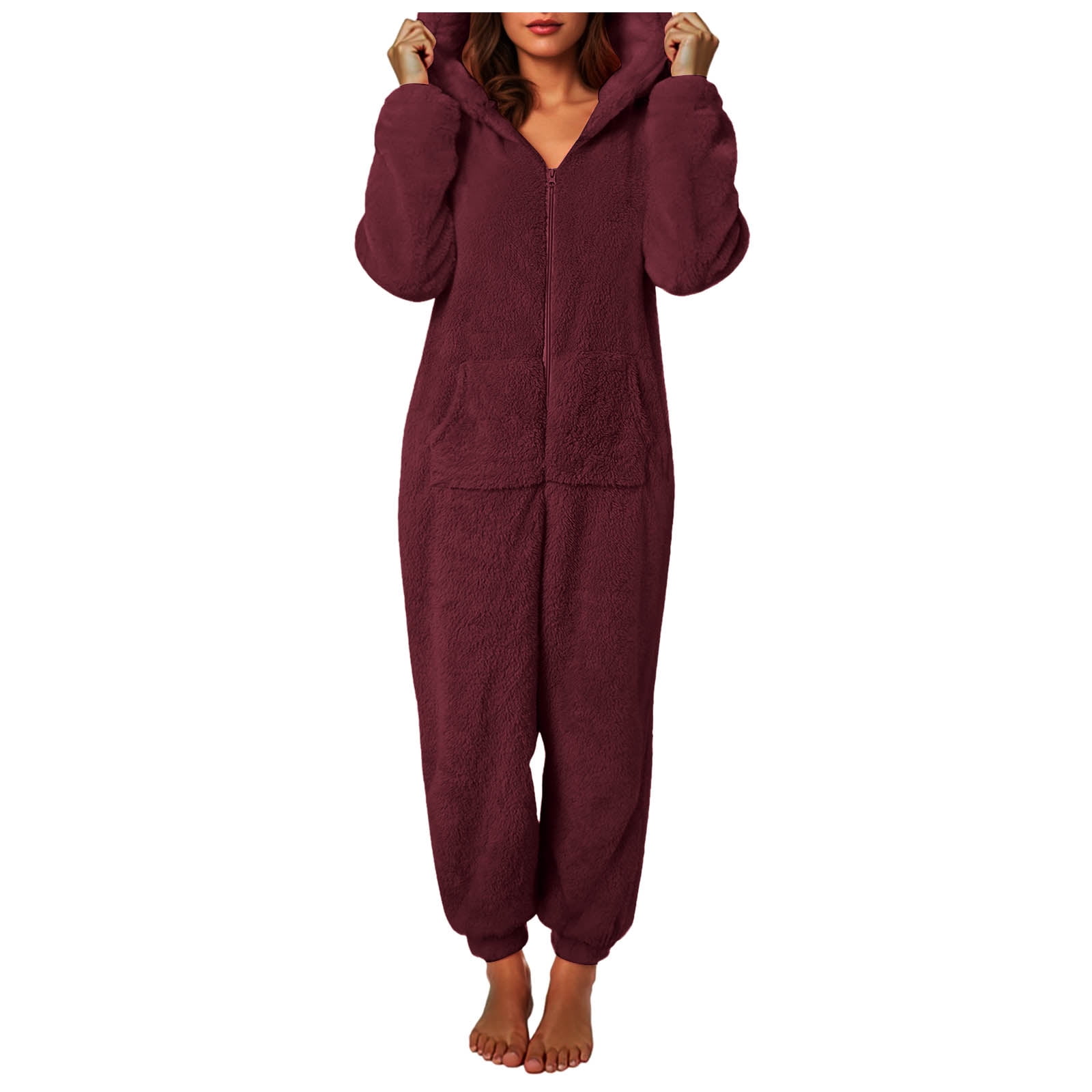 Rotm Thermal Jumpsuit Womens Fleece Onesies Pajamas Jumpsuit Warm Sherpa Romper Sleepwear One Piece Zipper Hooded Playsuit Loungewear Wine,XL
