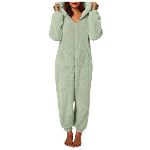 Rotm Thermal Onesie Onesie Pajamas for Women Zip Up Plush Fleece Warm Jumpsuit Sleepwear Winter Cute Ear Hooded Fuzzy Lounge Romper Pjs Light Green,S