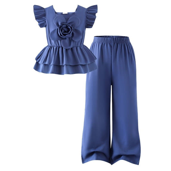Rotm Toddler Baby Girl Clothes Summer Outfits Cute Bow Button Ruffle Camisole Pants Set Blue,4-5 Years