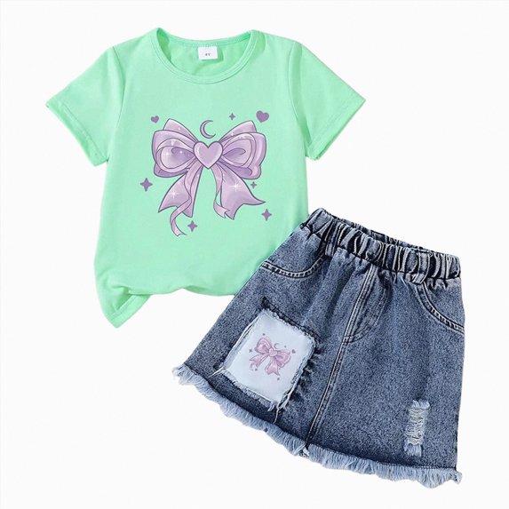 Rotm Toddler Clothes 2PCS Summer Outfit Toddler Baby Girl Bow Short Sleeve T-Shirt Plaid Shorts Set Infant Clothes J,5-6 Years