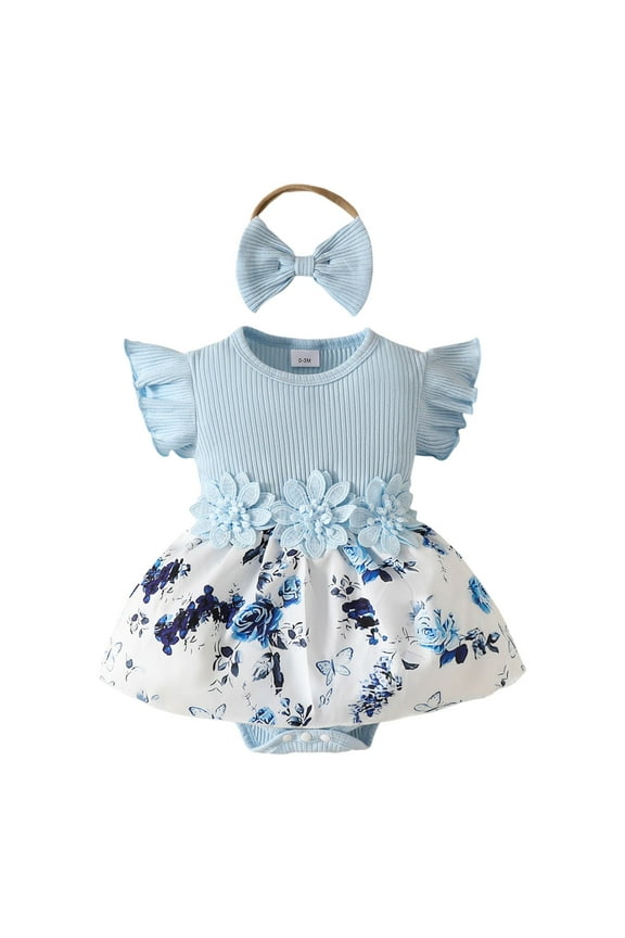 Toddler Girl Dress Sleeveless Romper with Floral Embroidery Ribbed Texture Casual Summer Outfit Blue,6-9 Years