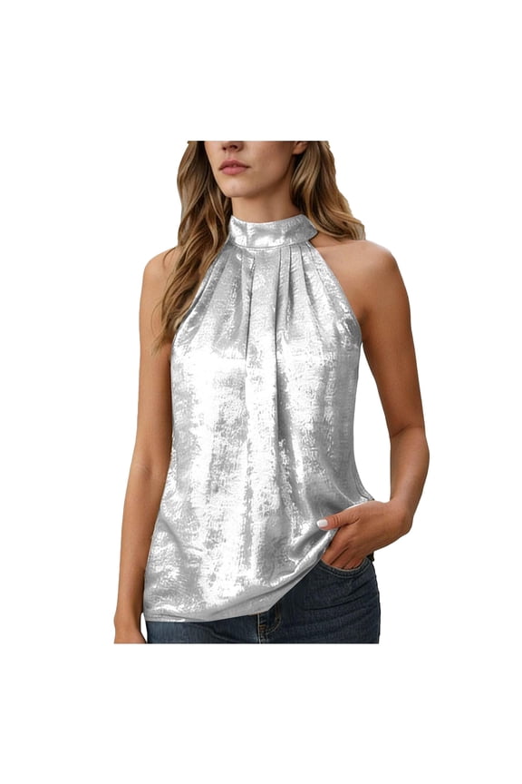 Tops for Women Party Women's Sequin Tops Sleeveless Glitter Gradient Tank Club Party Vest White,2XL