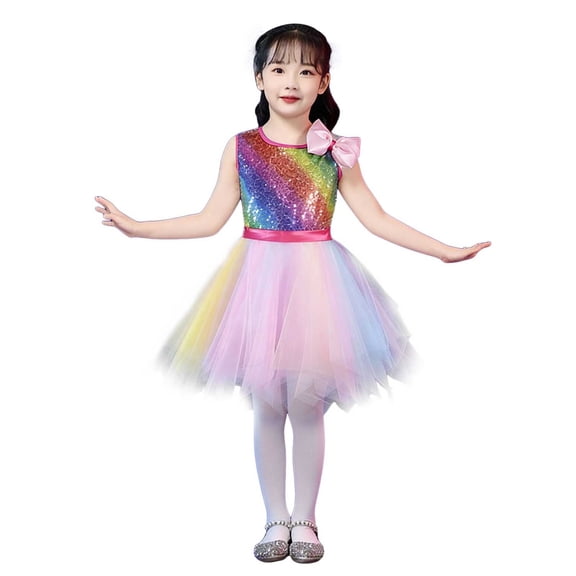 Rotm Tutu Skirt for Girls Girls Sparkly Sequin Dress Feather Strap Pleated Twirl Party Formal Dress Light Pink,7-8 Years