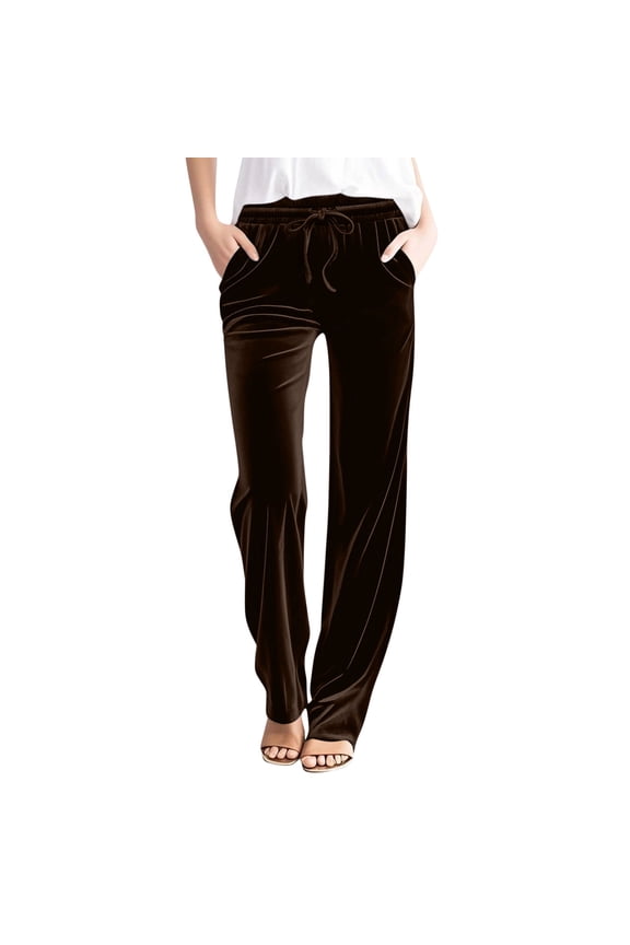 Velvet Pants Women Velvet Pants for Women Dressy Drawstring High Waist Straight Wide Leg Pants Solid Casual Baggy Long Pants with Pockets Bronze,L