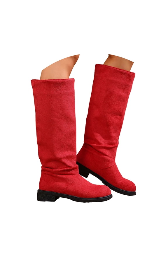 Wide Calf Boots Women's Mid Calf Slouchy Boots Suede High Heel Zip Stacked Chunky Block Round Toe Booties Red,5.5