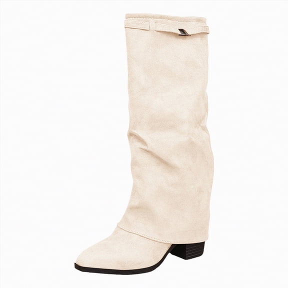Rotm Wide Calf Cowboy Boots Women Women's Cowboy Knee-High Boots Pointed Toe Mid Chunky Heel Pull On Slouchy Boots with Zippers Beige,Size 7.5