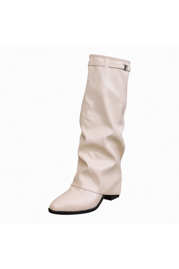 Wide Calf Cowboy Boots Women Women's Mid-Calf Boots with Chunky Heel, Pointed Toe, Comfortable and Fashionable for Fall and Winter Wear for Women. White,Size 8.5