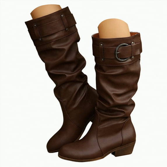 Rotm Woman Boots Winter Boots for Women Mid-Calf Fashion Casual Knee-High Flat Heel Boots Brown,Size 7.5