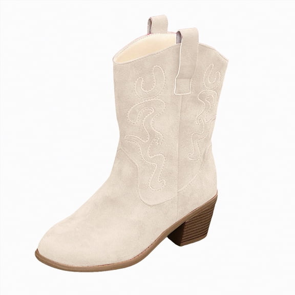 Rotm Woman Boots Women's Mid Calf Boot,Round Toe Low Heel Comfort Slouchy Bootie with Side Zipper White,Size 9