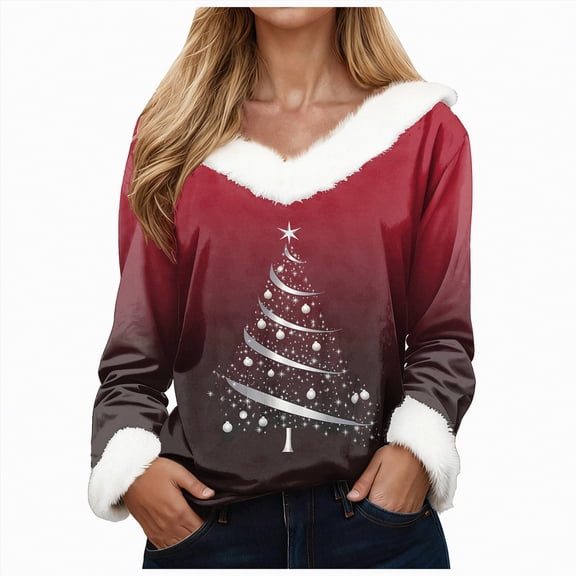 Rotm Women Christmas Shirts Fall T Shirts Christmas Snowflake Graphic Tee Tops Long Sleeve V Neck Plush Trim Pullover(Brick Red,L)
