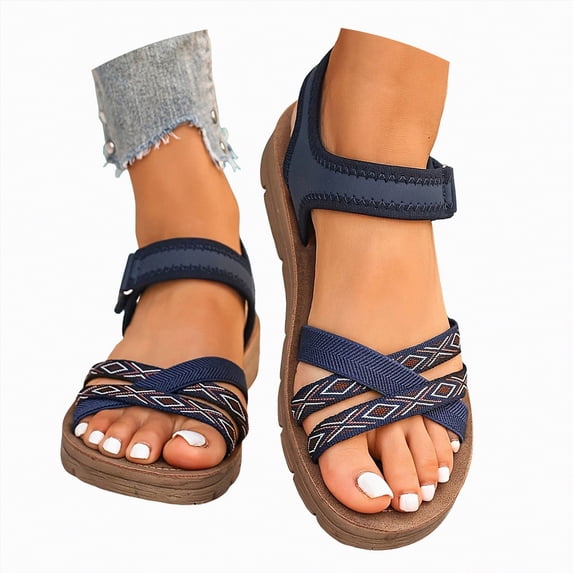 Rotm Women Heels Comfortable Womens Sandals Shoes Comfort Walking with Non Slip on Casual Summer 2026 Shoes Dress Ankle Elastic Jeweled Bohemian Flats Vacation Wedding Blue,7