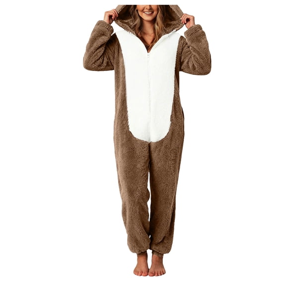 Rotm Women Onesie Pajamas Pajamas for Women Adult Fuzzy Fleece Womens Onesie Cozy Sherpa Winter Warm Lounge Romper Loungewear Khaki,3XL
