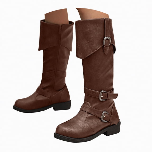 Rotm Women Snow Boots Womens Slouch Boots, Flat Heels Mid Wide Calf Zipper Ladies Fall Winter Fashion Boots Brown,Size 7.5